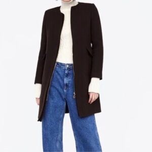 Zara | New Wool Blend Brown Long Coat Gold Zip Down